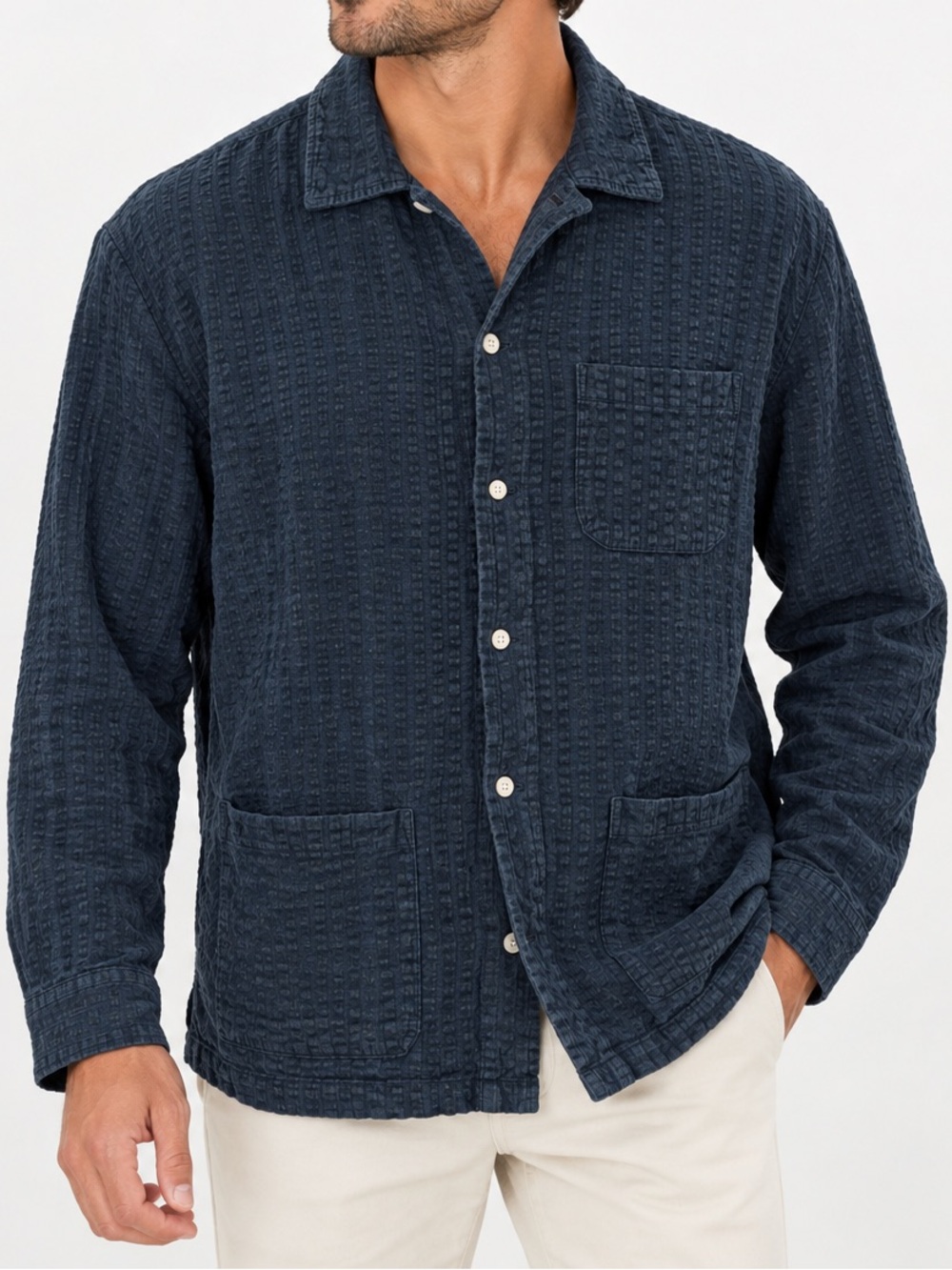 J. Crew Seersucker Organic Cotton Navy Textured Shirt Button Down Large Mens